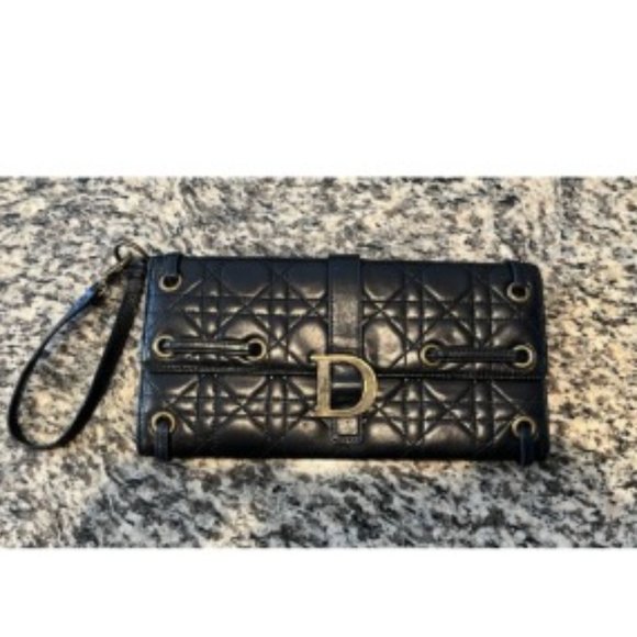 Dior Handbags - CHRISTIAN DIOR BLACK CANNAGE QUILTED LADY CLUTCH WRISTLET BAG